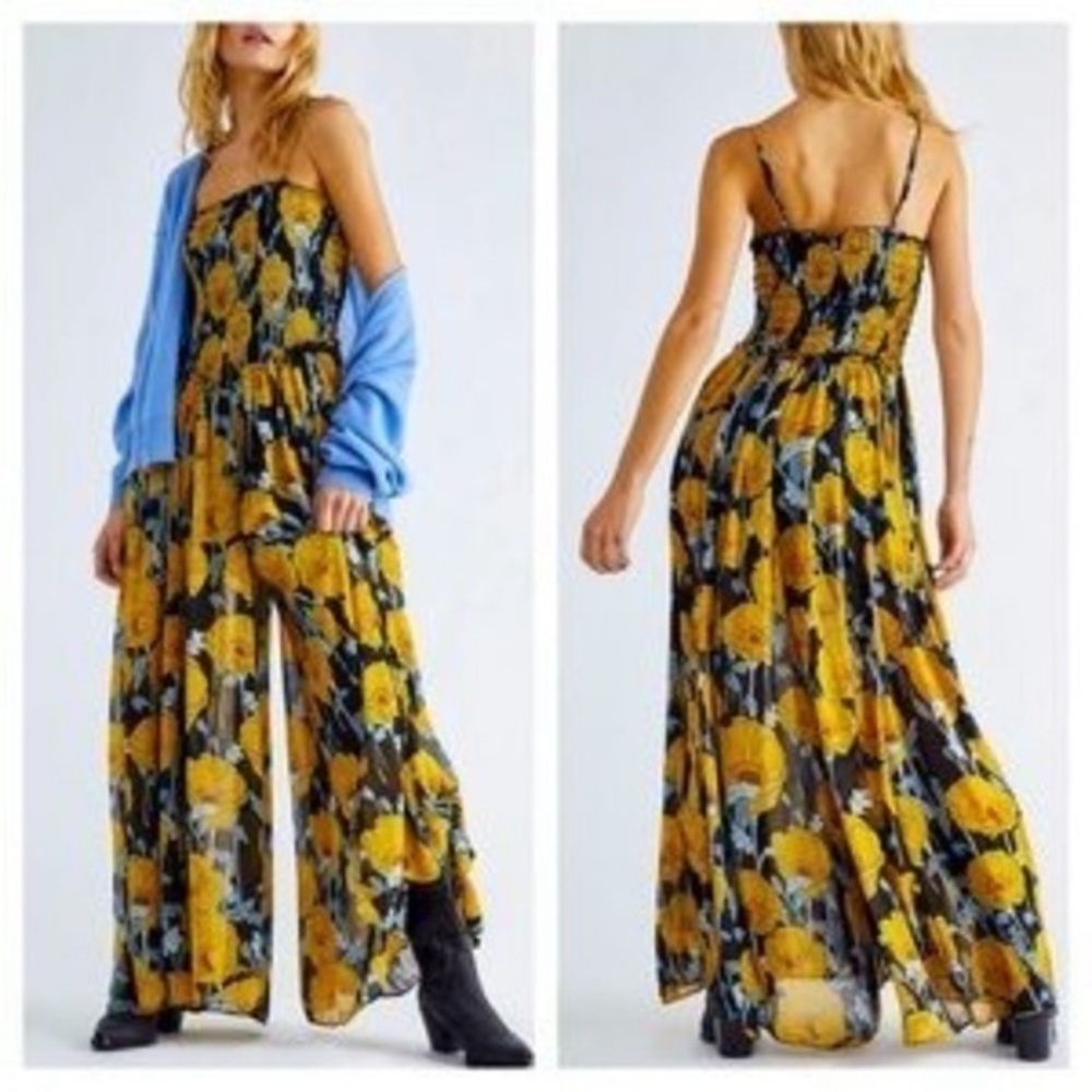 Free People Sophia Jumpsuit With Shirring In Floral Black Combo XS NWT OB1259439